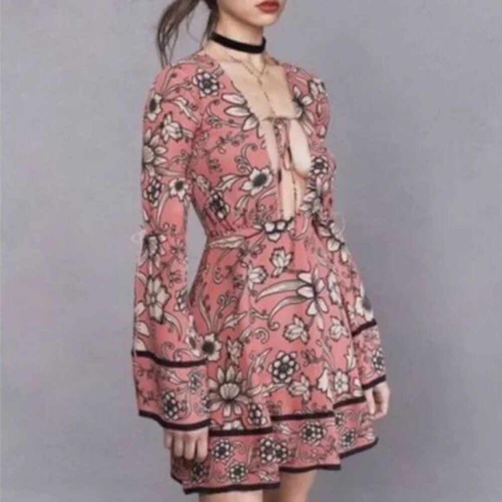 For Love & Lemons Mini Dress Ayla Floral Bell Sleeve Plunge Neckline Cottage XS